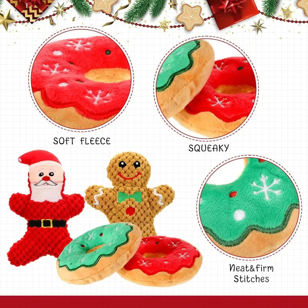 Christmas Dog Plush Squeaky Toys Donut Chew Toys Durable Stuffed Toys for Medium Small Puppy Aggressive Chewers Interactive Gift