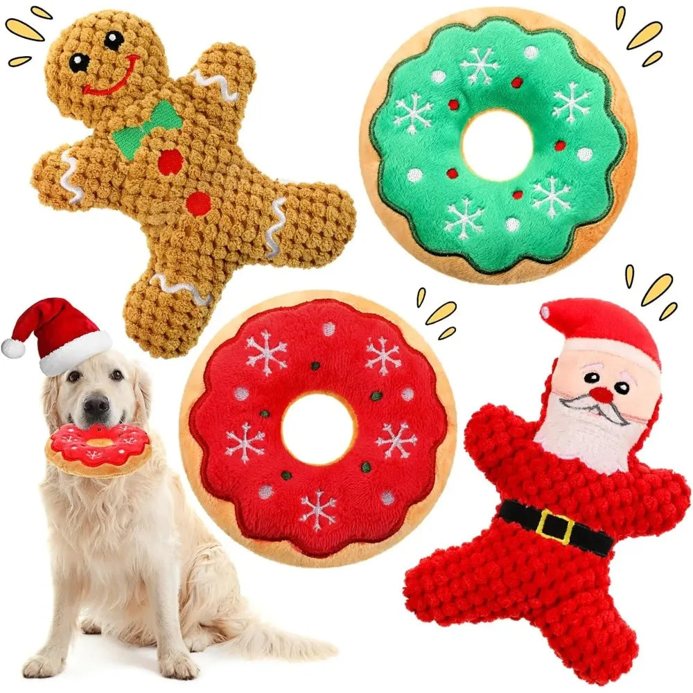 Christmas Dog Plush Squeaky Toys Donut Chew Toys Durable Stuffed Toys for Medium Small Puppy Aggressive Chewers Interactive Gift