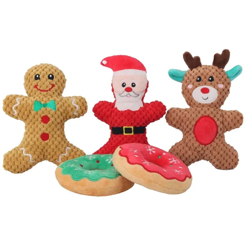 Christmas Dog Plush Squeaky Toys Donut Chew Toys Durable Stuffed Toys for Medium Small Puppy Aggressive Chewers Interactive Gift