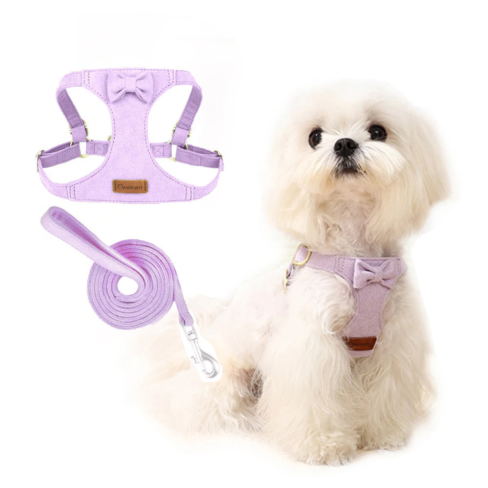 Trendy Premium Suede Dog Harness Leash Set -Small Dog Adjustable Pet Chest Strap Soft Durable Puppy Kitten Fashion Accessories