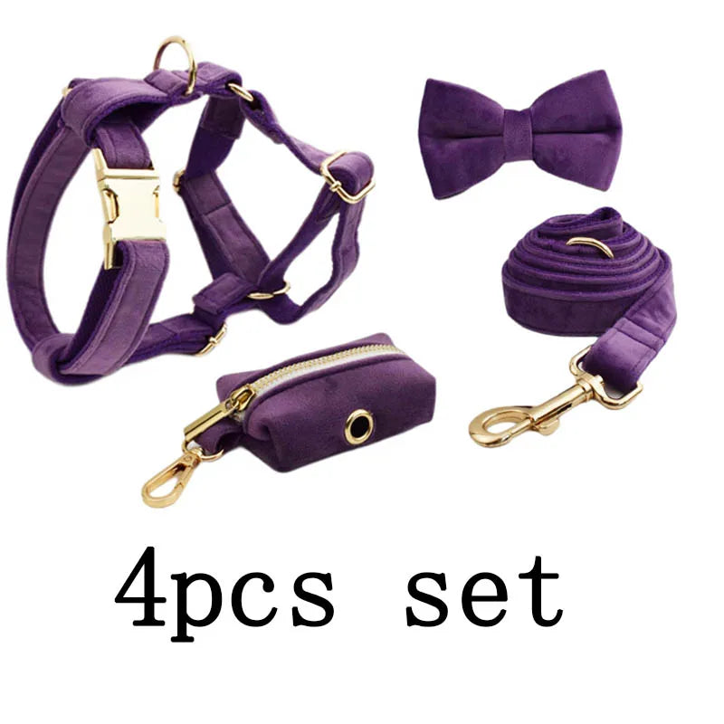 Purple Velvet Dog Collar And Leash Set For Small Medium Large Dogs Custom Engraved Nameplate Pet Supplies Dog Leash Velvet 16