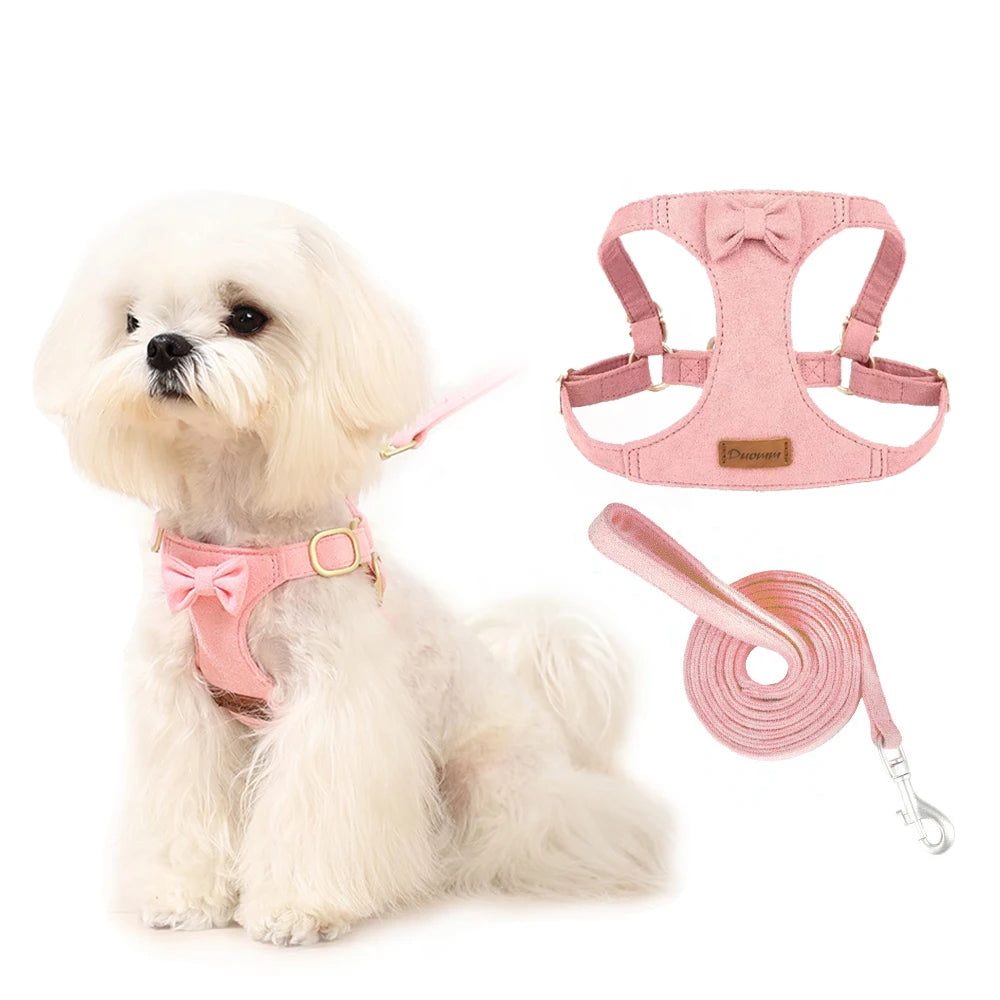 Trendy Premium Suede Dog Harness Leash Set -Small Dog Adjustable Pet Chest Strap Soft Durable Puppy Kitten Fashion Accessories