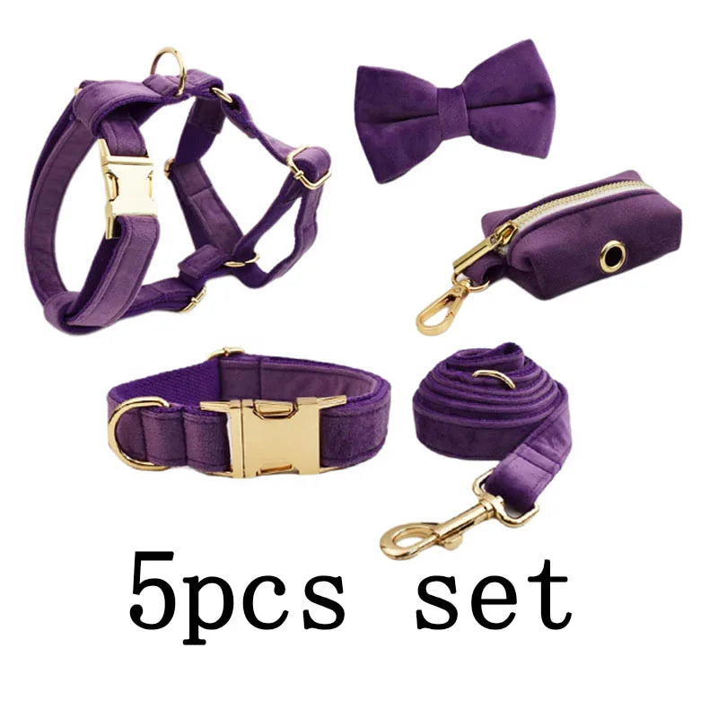Purple Velvet Dog Collar And Leash Set For Small Medium Large Dogs Custom Engraved Nameplate Pet Supplies Dog Leash Velvet 16