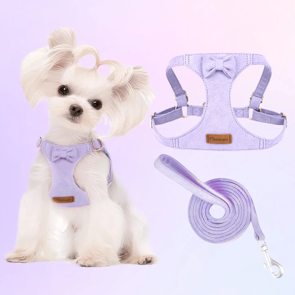 Trendy Premium Suede Dog Harness Leash Set -Small Dog Adjustable Pet Chest Strap Soft Durable Puppy Kitten Fashion Accessories