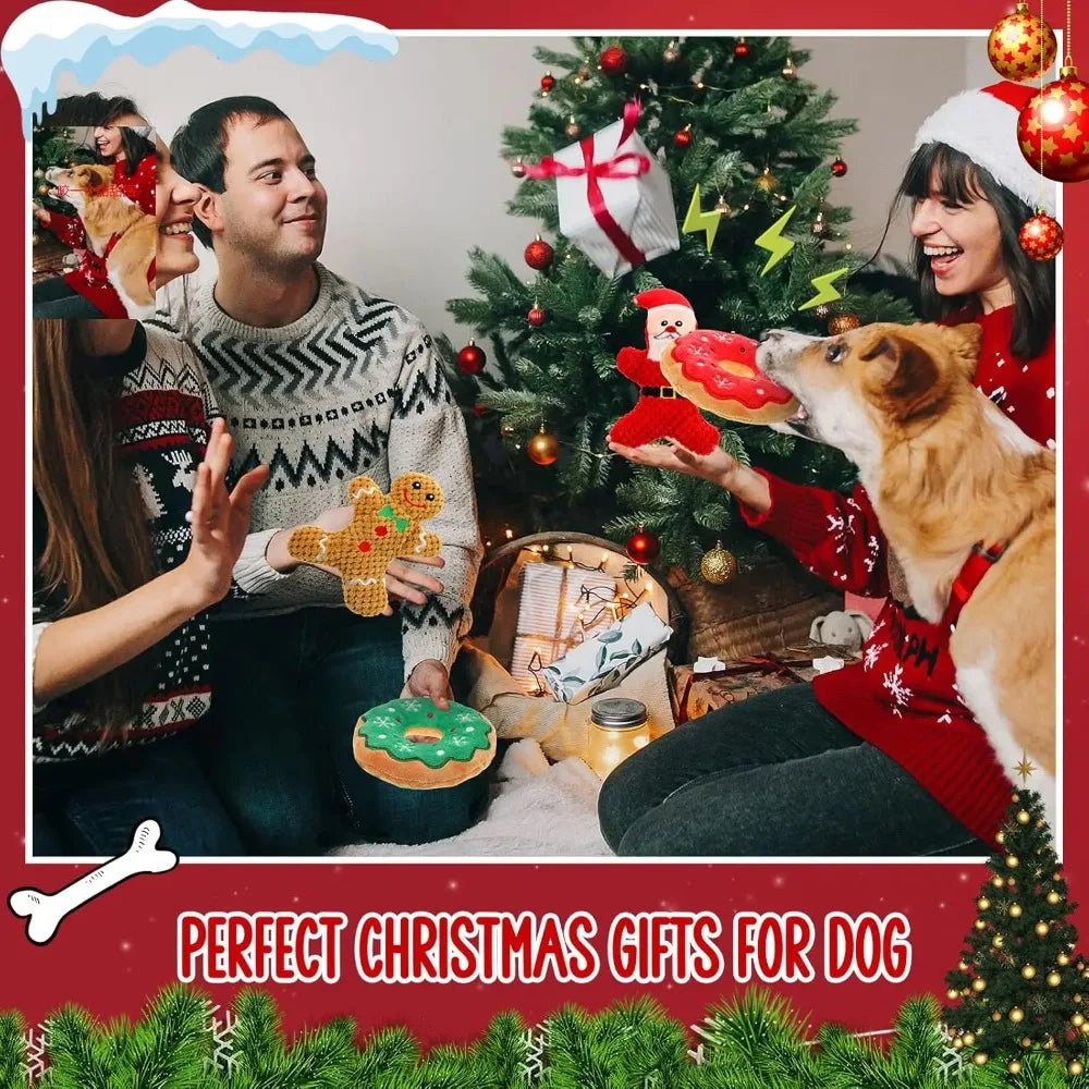 Christmas Dog Plush Squeaky Toys Donut Chew Toys Durable Stuffed Toys for Medium Small Puppy Aggressive Chewers Interactive Gift