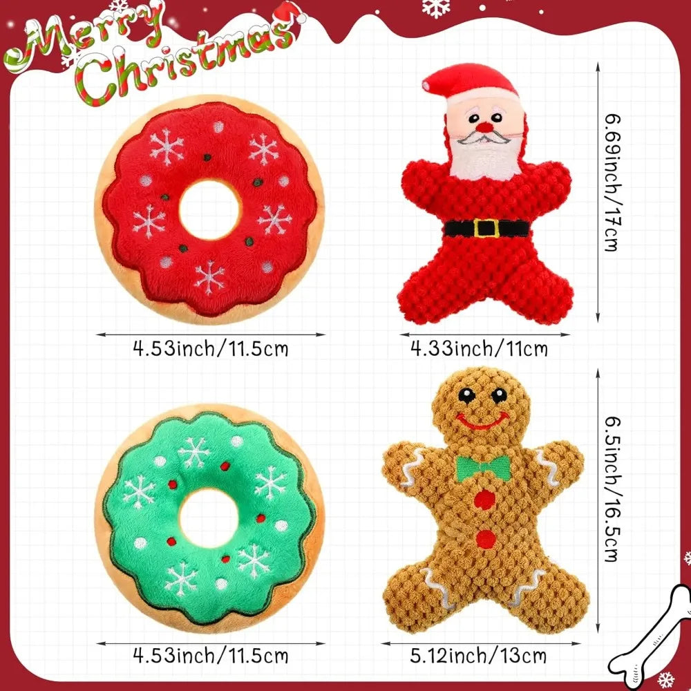 Christmas Dog Plush Squeaky Toys Donut Chew Toys Durable Stuffed Toys for Medium Small Puppy Aggressive Chewers Interactive Gift